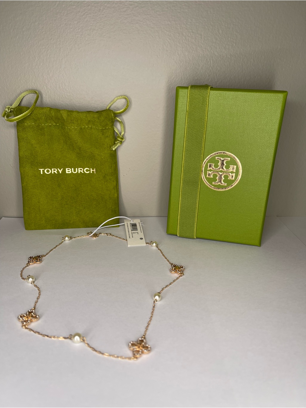 Nwt Tory Burch Kira Clover Pearl Station Necklace Rose Gold Tone W/Box Dust Bag